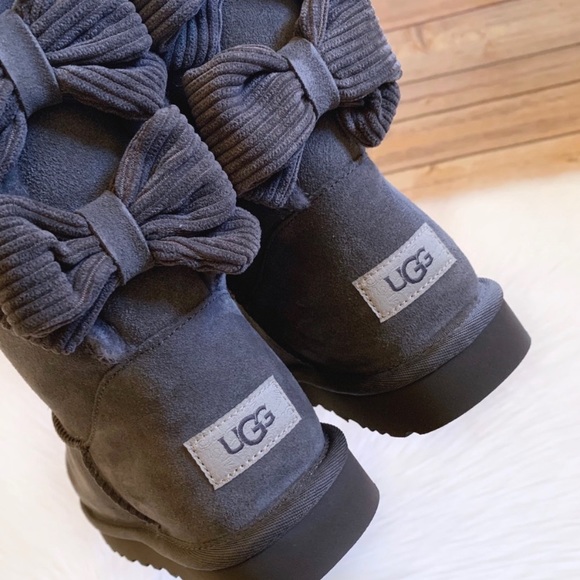 UGG Bailey Corduroy Bow Suede Boots In Charcoal - Picture 2 of 8